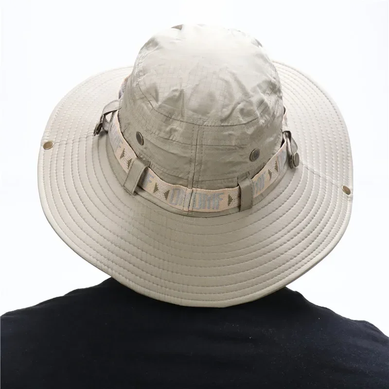 Cappello da pescatore estivo da uomo Protezione UV esterna a tesa larga Panama Safari Caccia Cappello da escursionismo Cappello da pescatore in rete Cappello da spiaggia per protezione solare