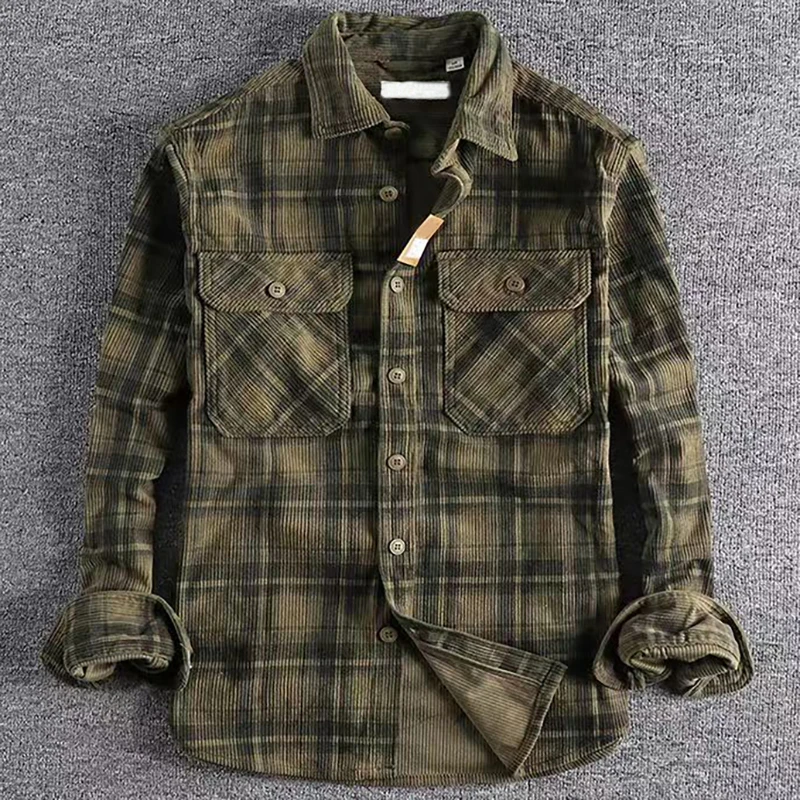 Camisa de manga larga a cuadros Vintage japonesa para hombre, moda de primavera y otoño, camisas clásicas artísticas de pana cómodas, Tops