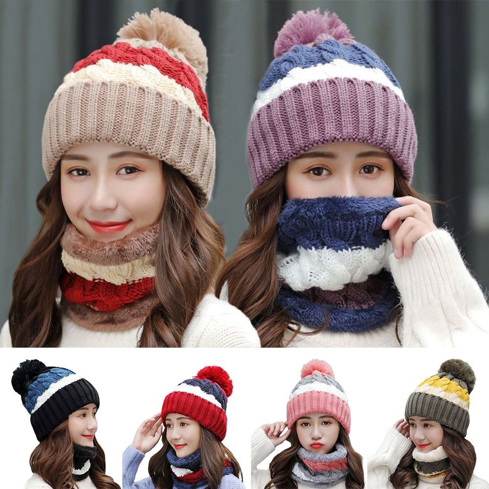 2PCS/Set Winter Warm Knitted Hat Neck Protection Windproof Beanies Hat Plush Soft Scarf Set Women