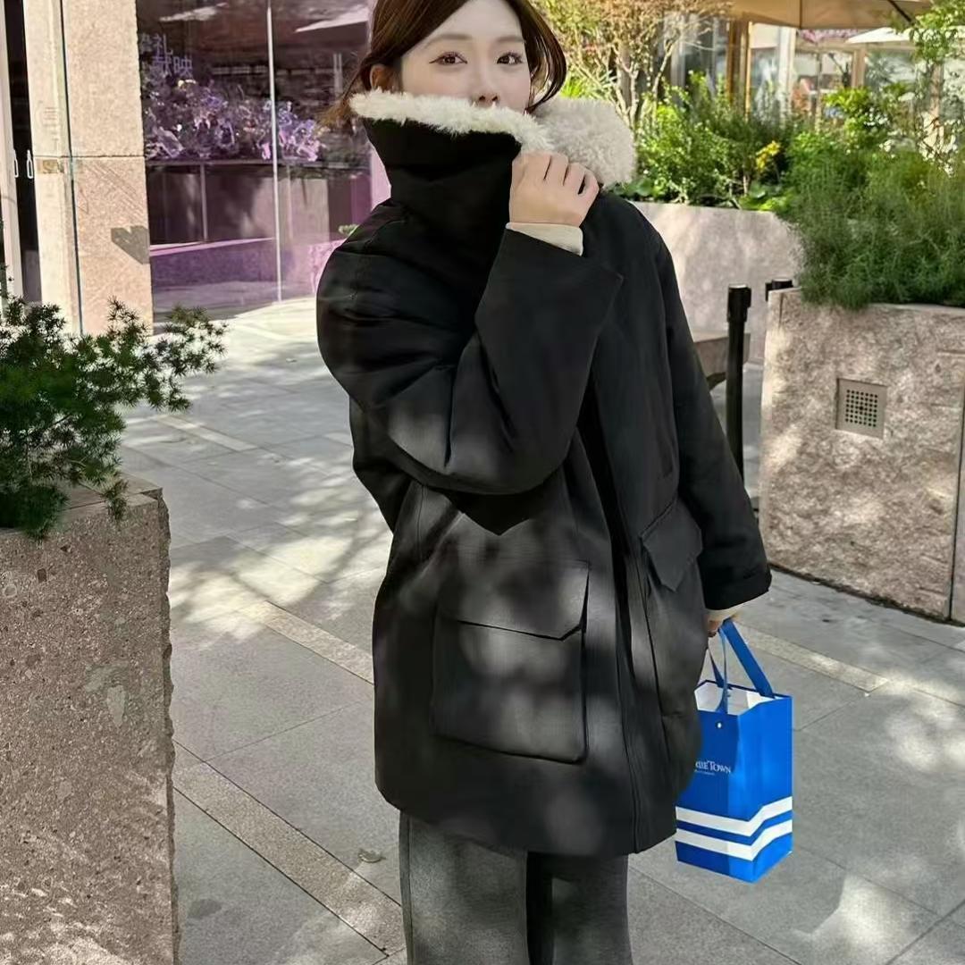 Lusy ラムベルベットジャケット女性のミッドレングス厚く暖かいトップファッショナブルな冬のアウター韓国スタイルルーズフィットジッパー閉鎖