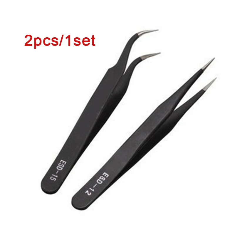 2pcs/lot Anti-static Precision Tweezers Set Pointed Curved Stainless Steel Tweezer Electronics Repair Tools