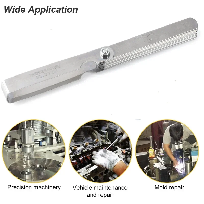 Righello in acciaio Spessimetro di spessore metrico Set di 32 lame Tappet con strumento di misurazione dello spazio in ottone Gamma di dimensioni di liquidazione Foglio di rame