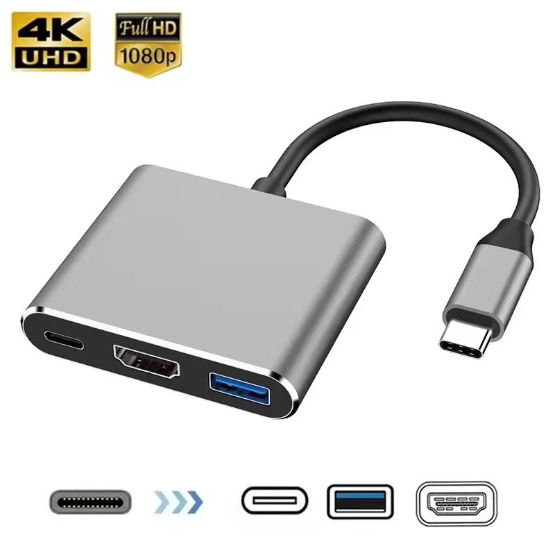3 w 1 Koncentrator USB-C męski na żeński zgodny z HDMI 4k Usb 3.1 Type-C na USB 3.0 Adapter ładowania do konwertera Macbook Air 12