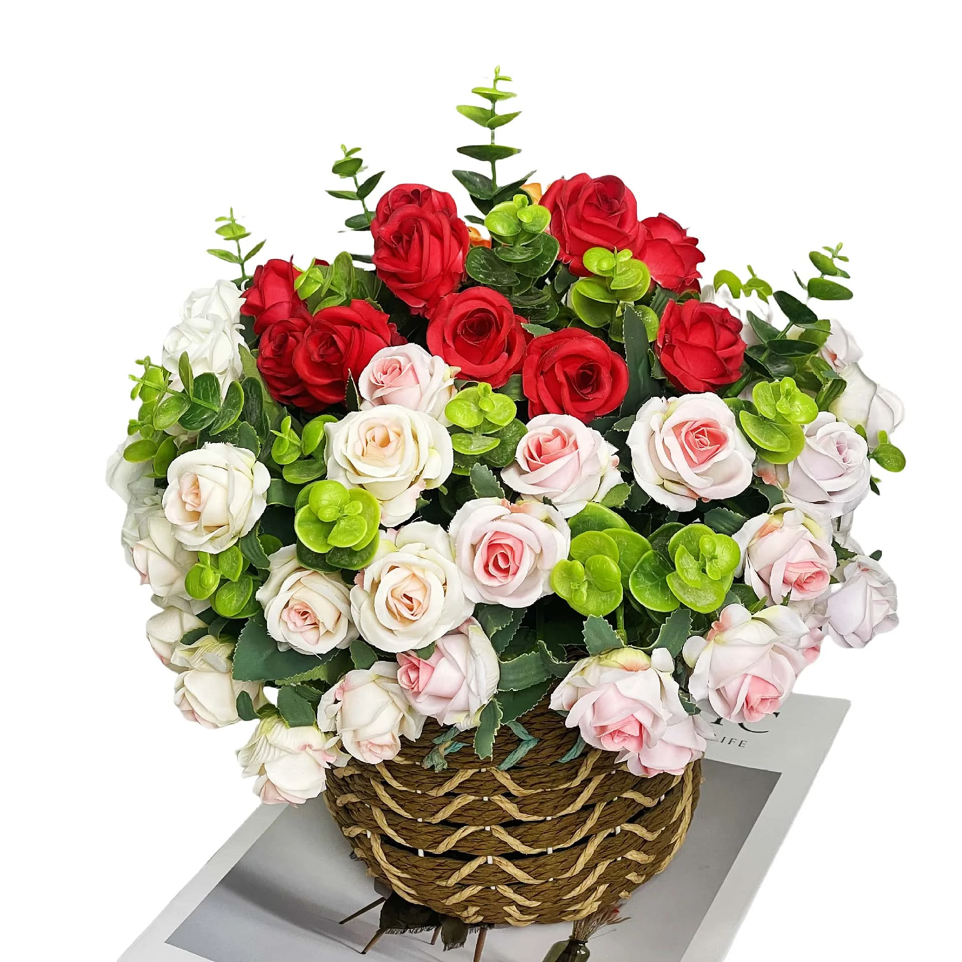 10 cabezas de rosas artificiales - Decoración del hogar y la boda del día de San Valentín Paquete de rosas de eucalipto Regalos de San Valentín y familiares