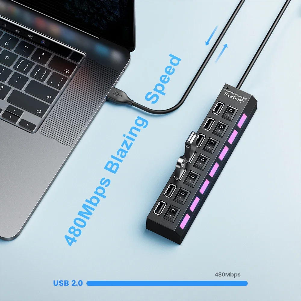 Divisor de concentrador USB con interruptor Individual, divisor de puerto USB de 4/7, adaptador USB de interruptor Individual, enchufe multipuerto alimentado por encendido/apagado