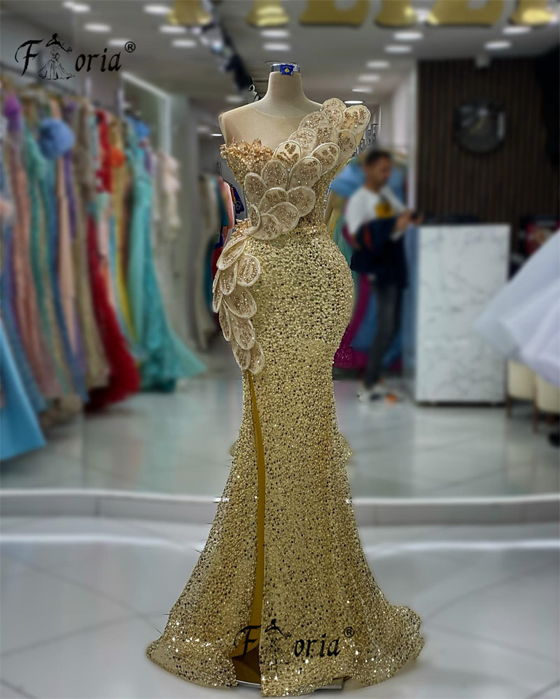 Arábia mulher ouro lantejoulas sereia vestido de festa com flores 3d apliques fenda vestidos de noite fiesta noche largo baile