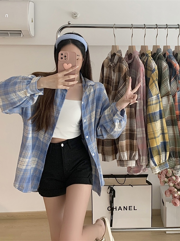 Loose Fit Plaid Shirt Coat Long Sleeve Women's Sle Summer Top Thin Version American Grid Pattern Casual Versatile Polyester...