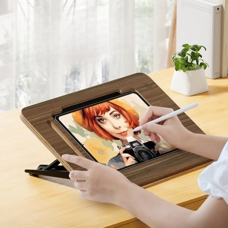 Sturdy Walnut Color Painting Wooden Desktop Tablet/Pad Stand for IPad Holder Writing and Drawing Home Office Gadget