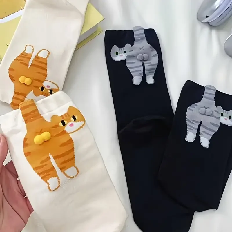 Cartoon Cat and Dingdong Egg Pattern  Maternity Couple Socks for Spring and Summer Medium-Cut Daily Wear Ins Style Women’s Socks