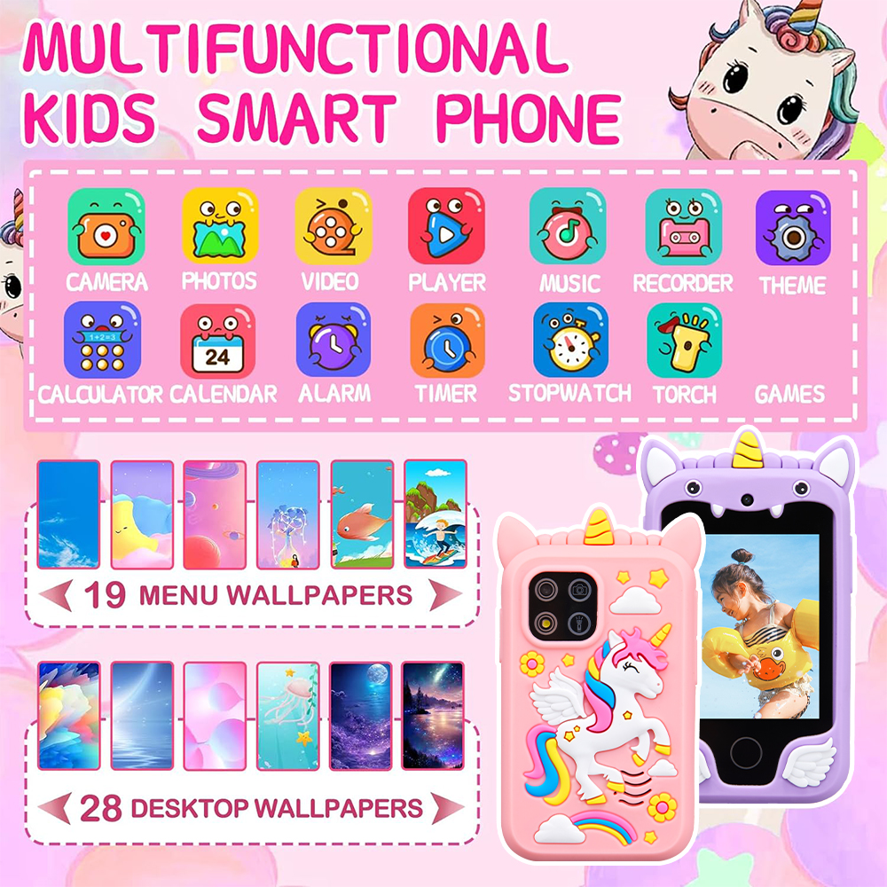 Smart Phone Camera Brinquedos para Crianças, Unicórnio Touchscreen, Baby Mobile MP3 Player, Câmera Digital, Brinquedos Educativos para Meninas e Meninos, Idade 3-8