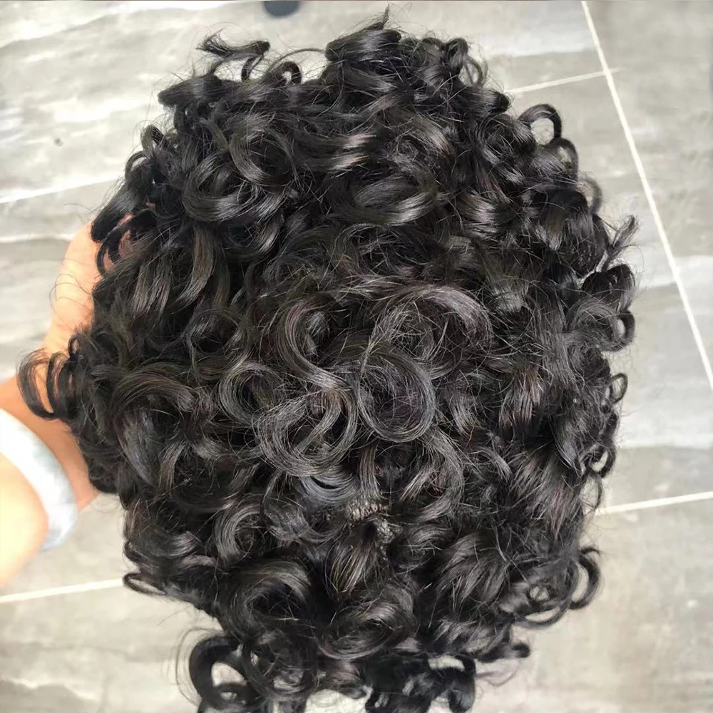 Base complète de peau 20mm cheveux humains bouclés toupet pour hommes système de prothèse Durable morceau de cheveux noir/marron 130 densité ligne de front naturelle