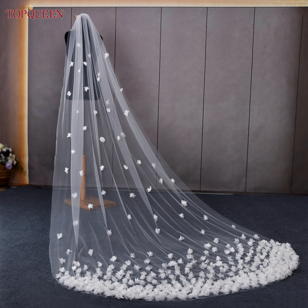 Topqueen v93 véu de casamento com flores 3d catedral mantilla véu de noiva de alta qualidade flores véu de noiva véu de tule macio