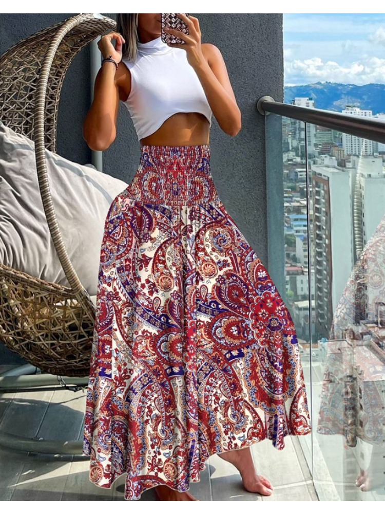 Damesmode Bloemenprint Plooien Boheemse elastische hoge taille rok Dames Knielange lange rokken voor dames