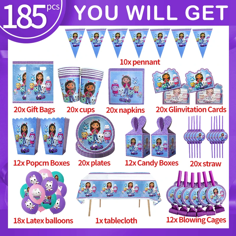 Gabby-Juego de decoración para fiesta de cumpleaños, casa de muñecas, servilletas de papel, platos, tazas, vajilla para niñas, suministros para niños, Baby Shower, regalos