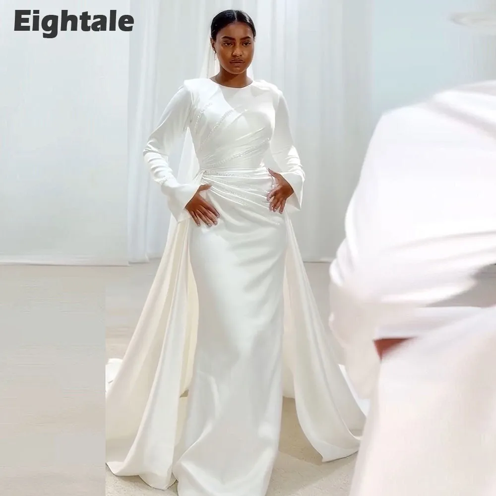 Eightale Abito da sposa arabo Perle di perline O-Collo Personalizzato Raso Bianco Avorio Maniche lunghe Abito da sposa musulmano Robe De Mariée