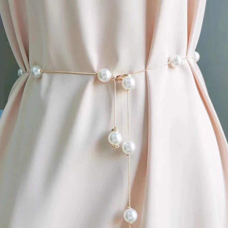 Cadena de perlas versátil y hermosa para mujer, cintura fina, cadena de cintura de vestido versátil