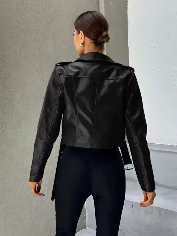 Femmes veste en cuir noir printemps automne revers court Moto Biker manteau femme mince à manches longues Streetwear vestes en Faux cuir