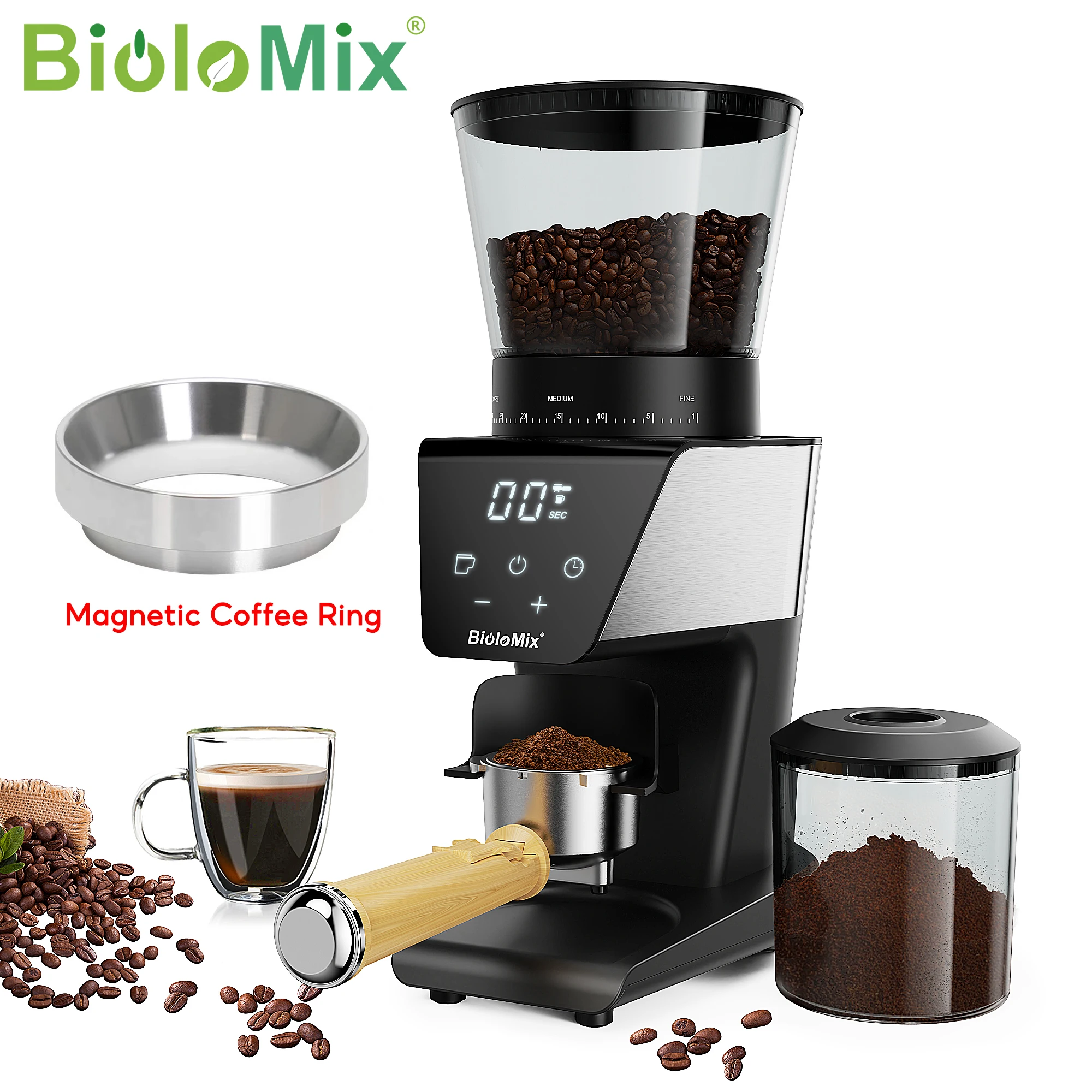 Moedor de café elétrico automático BioloMix, com 30 engrenagens para moer café expresso e americano, com magneti