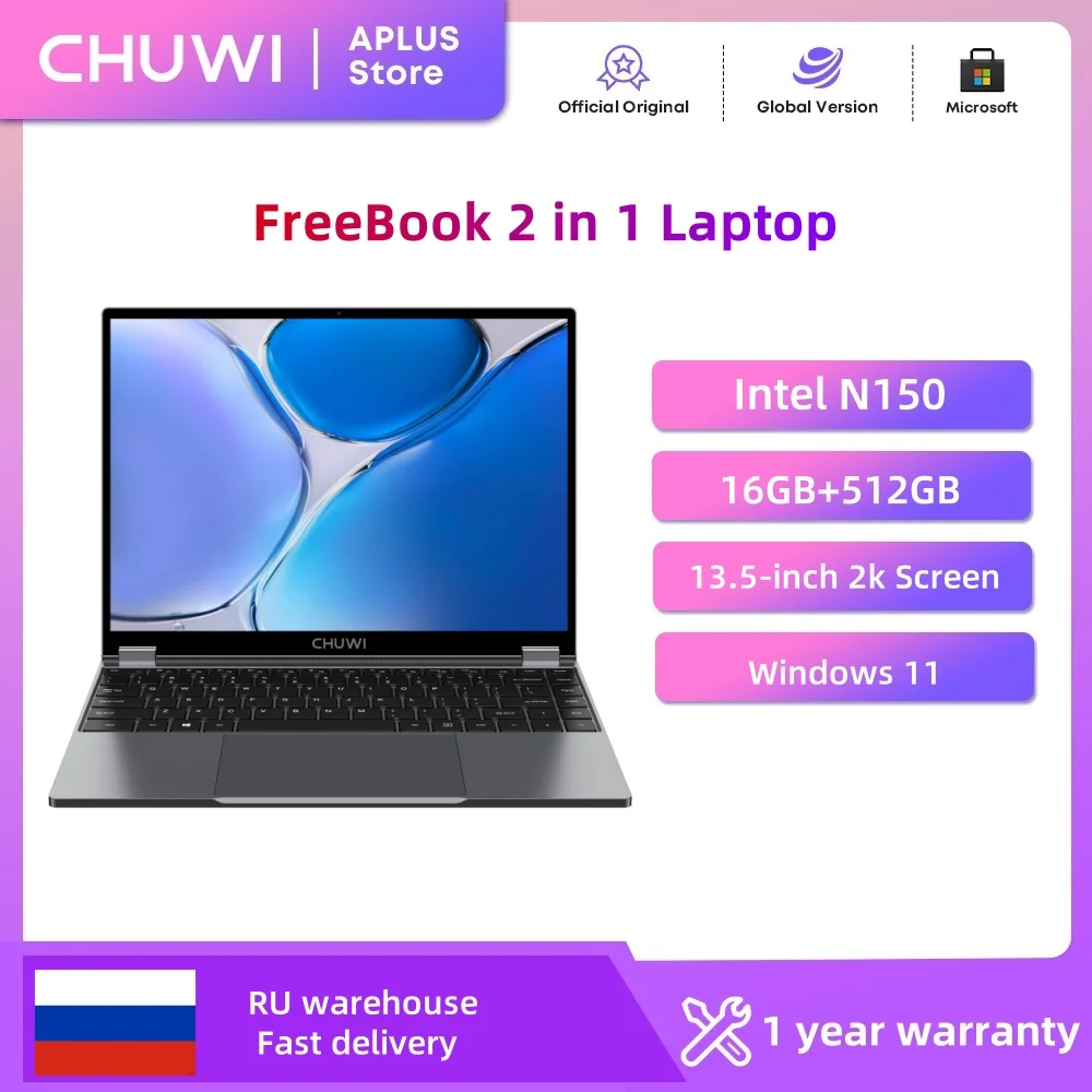 CHUWI FreeBook 2-w-1 Laptop Tablet 512GB SSD 16GB LPDDR5 Intel N150 13.5" IPS FHD Wyświetlacz WIFI 6 BT5.2 Windows 11 Notebook