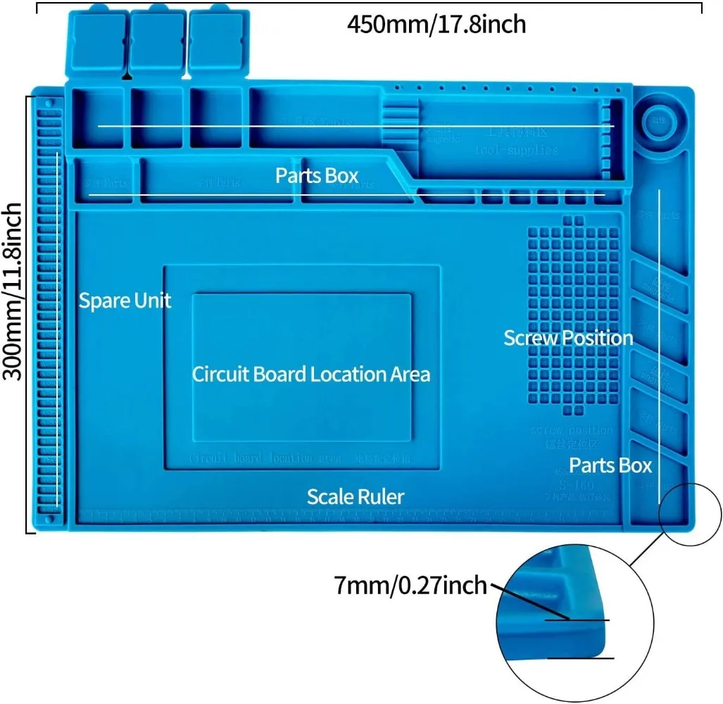 แผ่นแม่เหล็กแผ่นทํางานซิลิโคนแผ่นสถานีบัดกรีทนความร้อน 932 ° F Anti-Static สําหรับซ่อมนาฬิกาแล็ปท็อปโทรศัพท์อิเล็กทรอนิกส์