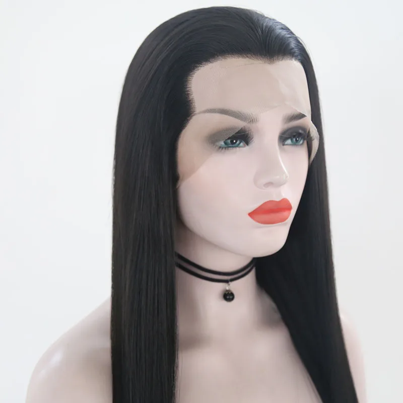 AIMEYA フリーパートブラックレースフロントウィッグロングシルキーストレート合成レースウィッグ高温髪男性または女性コスプレ