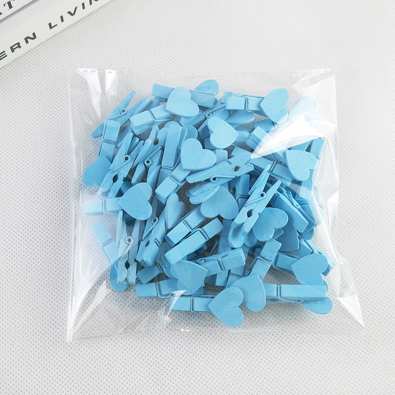 하트 핑크 블루 나무 사진 클립, 메모지 말뚝, 옷핀 문구 클립, 사무실 파티 장식 액세서리, 35*7mm, 50 개