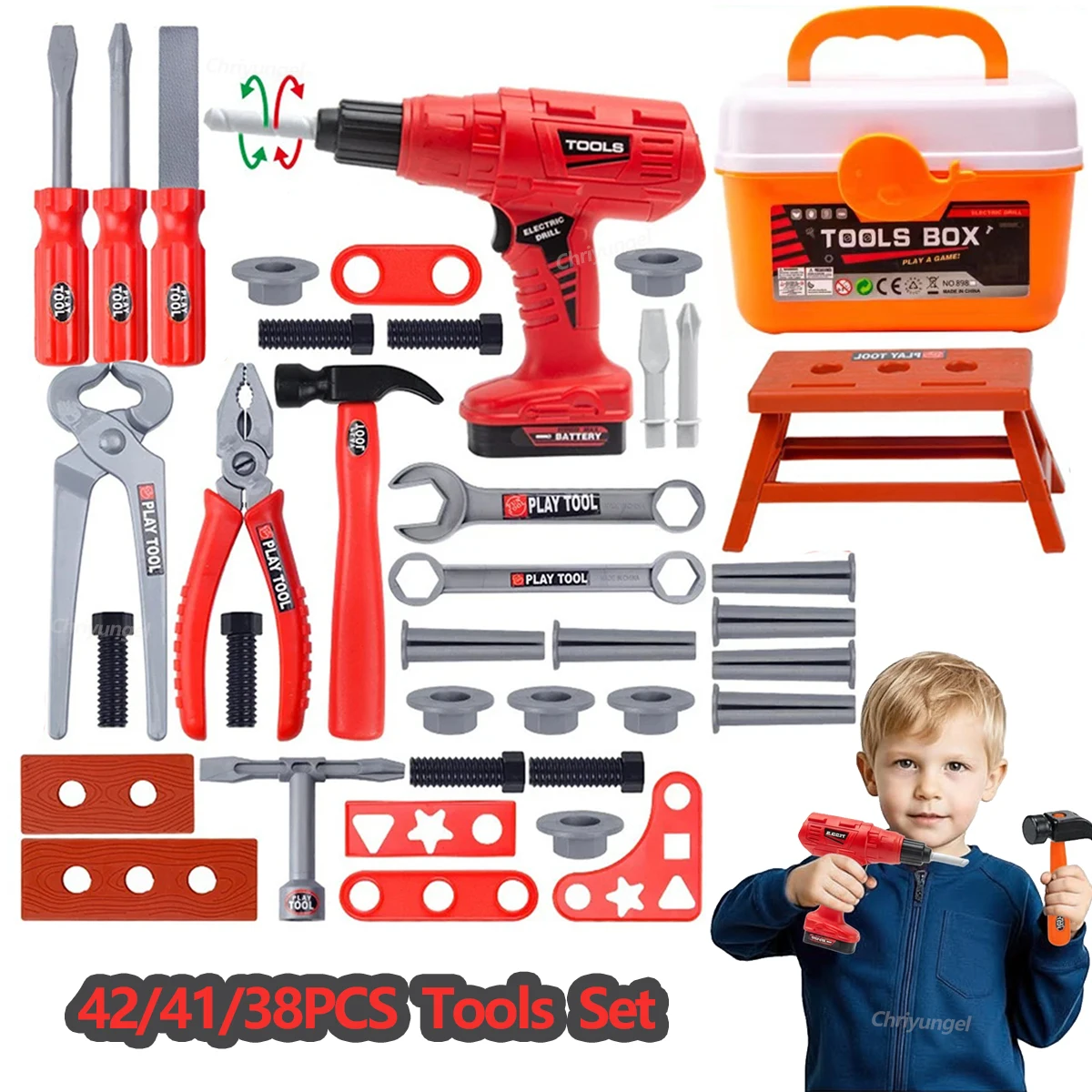 Set di strumenti per bambini Giocattoli 38/41/42 pezzi Fai finta di giocare Kit di strumenti di costruzione di riparazione per i più piccoli Giocattoli educativi per l'apprendimento Regalo delle ragazze dei ragazzi