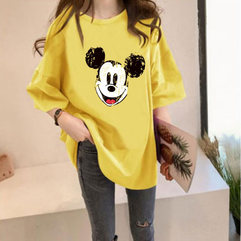 T-shirt Wanita Ukuran Besar Kartun Mickey Mouse Print Musim Panas Lengan Pendek Longgar Warna Solid T-Shirt Siswa Pertengahan Panjang Atasan Tipis