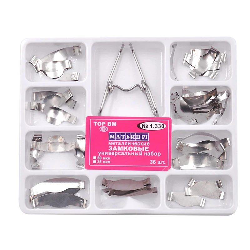 Matriz de metal com contornos seccionais dentários, matriz com clipe de mola no.1.330, faixa de fixação de resina/anel de mergulho, ferramentas para dentista
