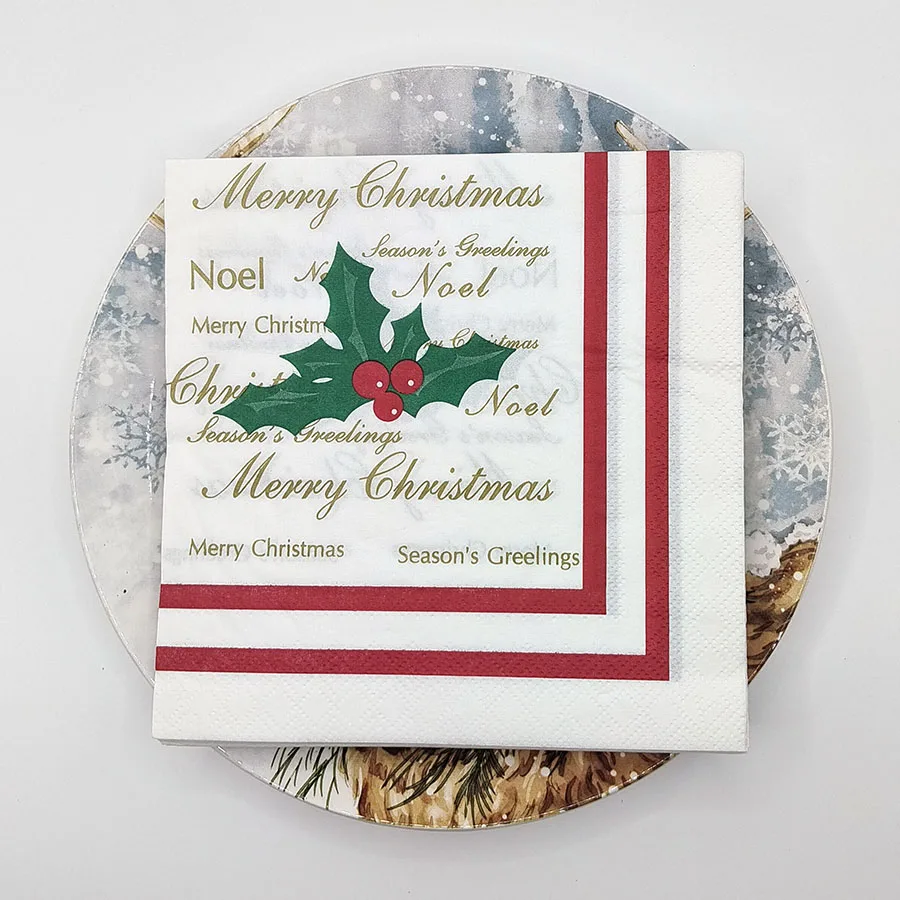 Merry Christmas Napkins 10/20Pcs 33x33cm 2-Ply, Holiday Party Napkins with Season's Greetings Print for Xmas Table Decor
