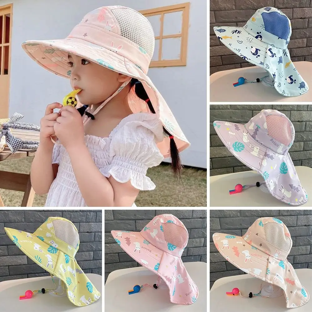 Anti UV crianças verão bebê chapéu de sol balde com apito para meninas meninos ao ar livre pescoço orelha capa praia boné