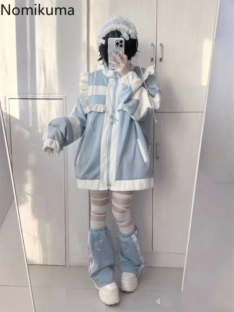 ญี่ปุ่นสําหรับผู้หญิงPatchworkแขนยาวขนาดใหญ่Outwear Y2k Tops Preppyสไตล์สบายๆแฟชั่นRuffles Lolita Y2kแจ็คเก็ต