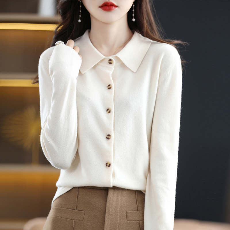 Primavera e outono inverno polo pescoço lã camisa de malha com solto camisola de manga comprida cardigan temperamento lapela casaco de fundo