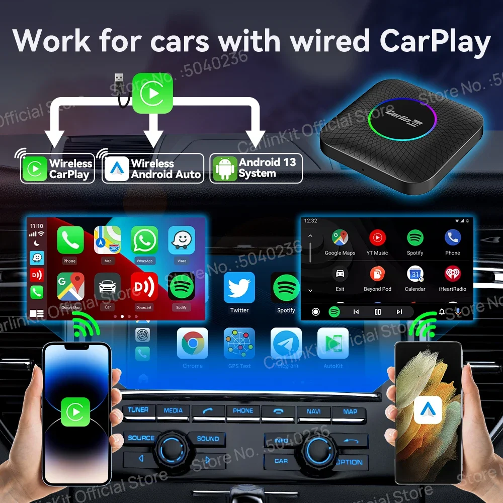 CarlinKit Wireless CarPlay TV Box Wired a Wireless Android Auto Adattatore Android 13 8 128G Smart Box per Netflix Mazda Kia IOS17