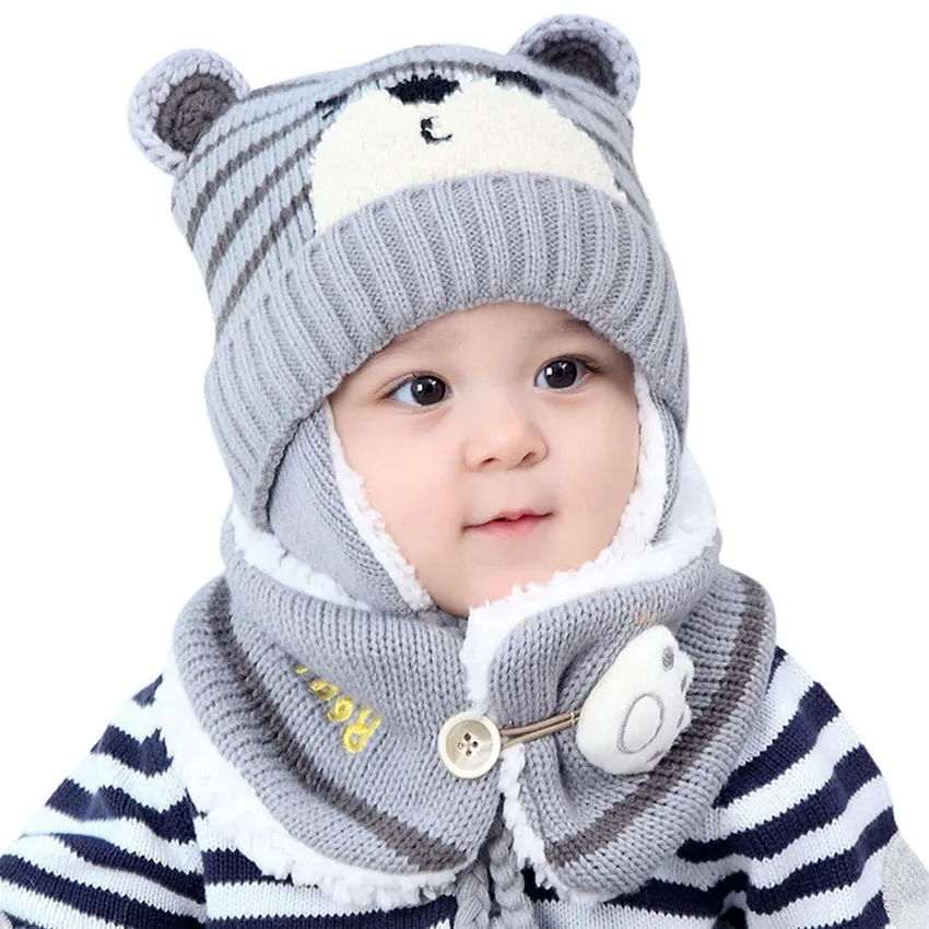 Gorros y bufanda a rayas de oso de dibujos animados Unisex para niños, conjunto de gorro para bebé, gorro para niña y niño, conjunto de bufanda, orejeras de invierno para niño, sombrero, bufanda, traje cálido