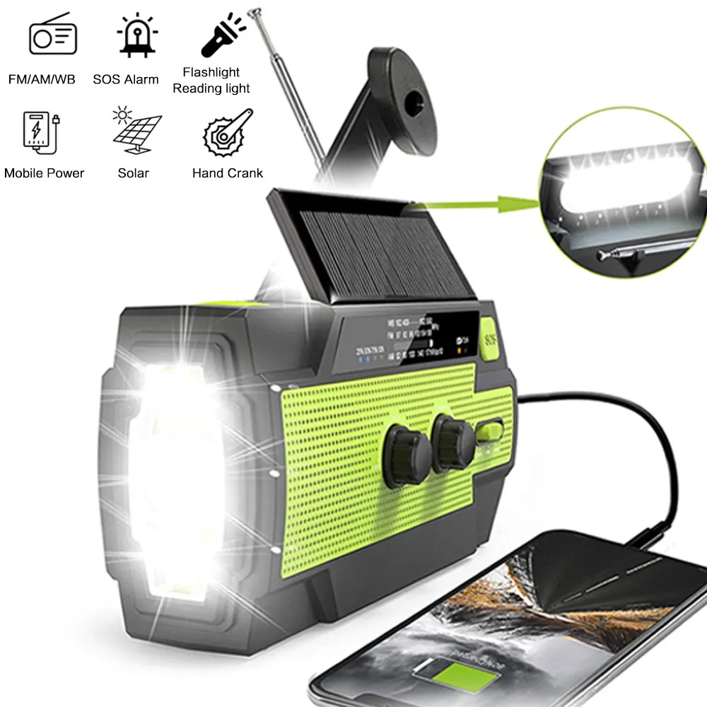 Portátil Solar manivela rádio AM/FM para a sobrevivência, bateria recarregável, rádio alimentado, carregador USB, lanterna, lâmpada de leitura