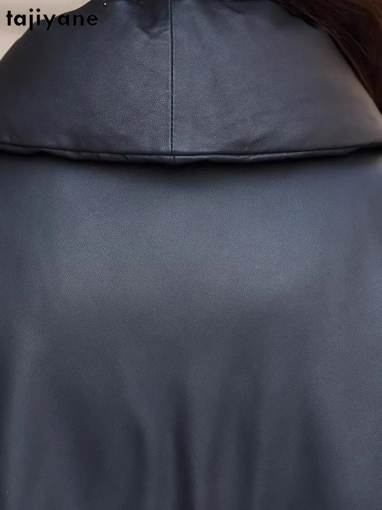 Tajiyane-女性用の本革カジュアルジャケット,白いダックダウンコート,長いシープスキンジャケット,暖かいパーカー,スタンドカラー,冬