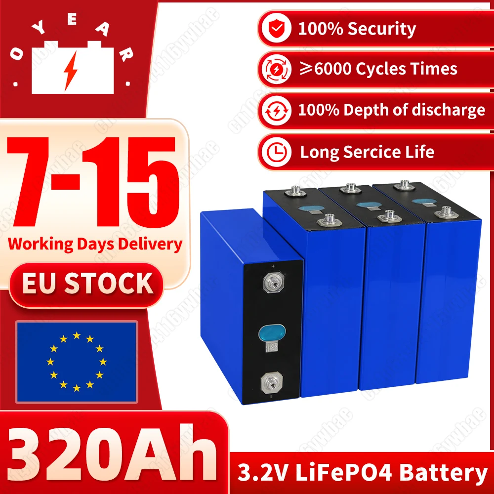 Klasa A 8000+ cykli 320Ah Lifepo4 Bateria 3,2 V litowo-żelazowo-fosforanowy Akumulator do ładowania, odpowiedni do DIY 12V 24V 48V Domowe magazynowanie energii RV słoneczny akumulator kempingowy, inwentaryzacja UE