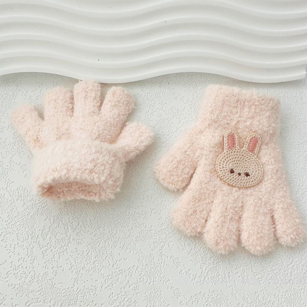 Guantes bonitos para bebé, manoplas con dedos completos de dibujos animados, guantes cálidos de otoño, manoplas de punto esponjosas de Color sólido, guantes gruesos con lazo para exteriores