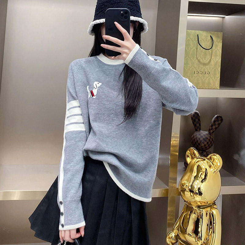 Ropa de mujer, jerséis con cuello redondo que combinan con todo con bordado de cachorros, moda de otoño e invierno, suéteres de punto holgados de manga larga, Tops elegantes y dulces