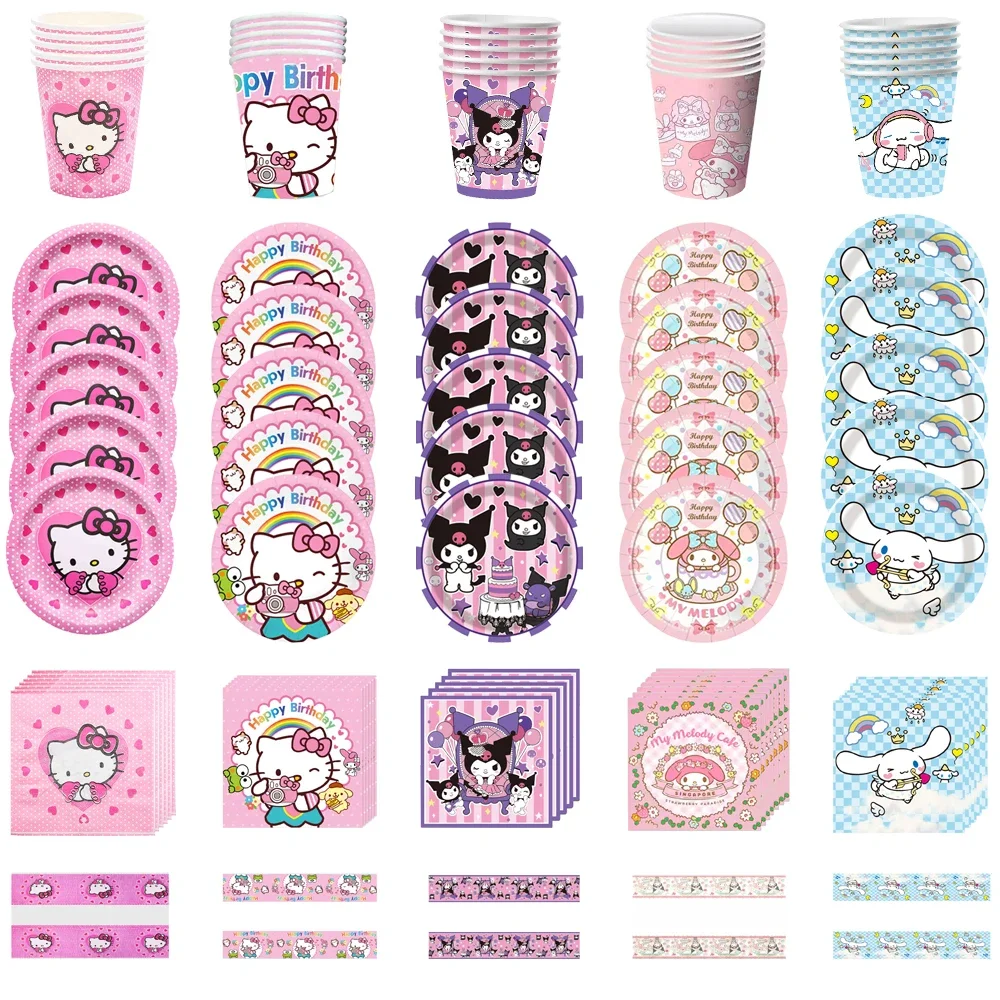 HelloKitty Kuromi Birthday Party Decorations Sanrio Disposable Tableware Cup Plate Napkin Kids Baby Theme Gathering Supplies