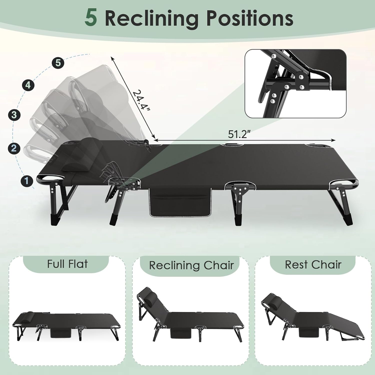 Folding Camping Cot for Adults, 5 Positions Adjustable Outdoor Cot Bed, Lounge Chair Cot, Travel Camp Cots with Mattress