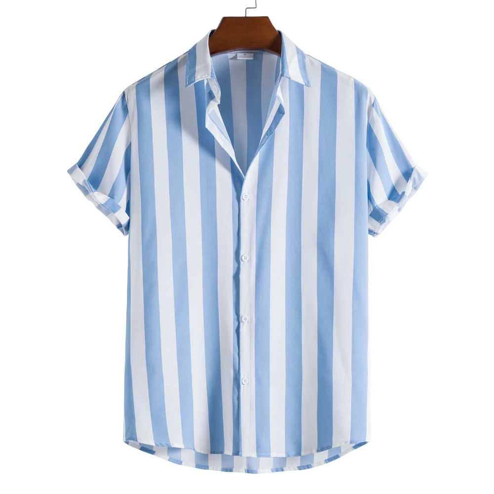 Summer Men's Shirts Striped Shirts Hawaiian Button Short Sleeve Plaid Red Top Beach Wear Black and White Shirt Men's Clothing