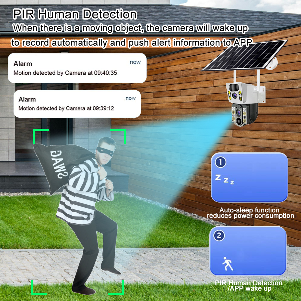오후 8시 태양열 카메라 4K 듀얼 렌즈 4G Sim Wifi 야외 듀얼 렌즈 PIR 인간 감지 IP66 방수 CCTV 비디오 감시