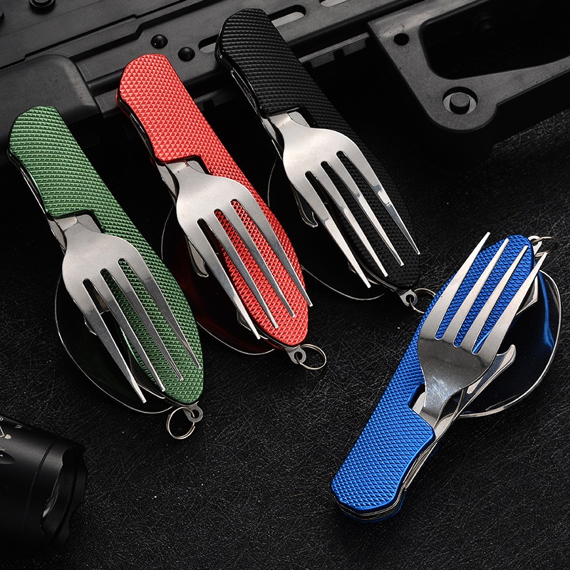 Outdoor travel multifunctional stainless steel cutlery knife, fork and spoon in one foldable portable camping combination tool