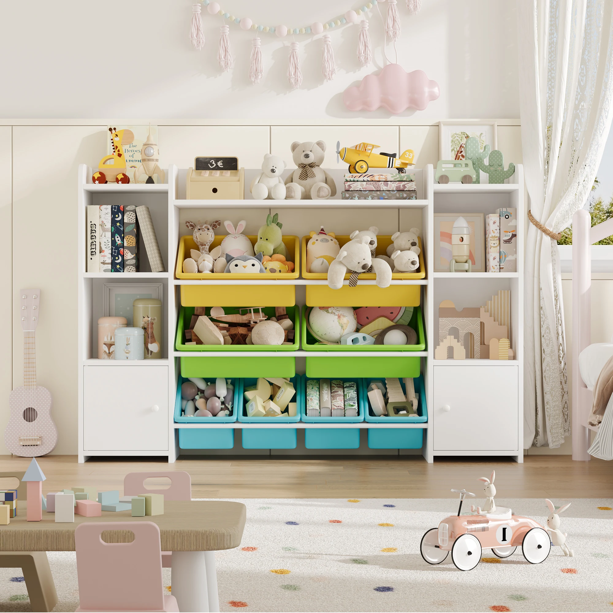 Getone kinderregal kinderzimmer möbel Spielzeugtruhe Bücherregal kinderschrank mit 8 Boxen 9 Regalen 138x29x94 cm weiß/Rosa