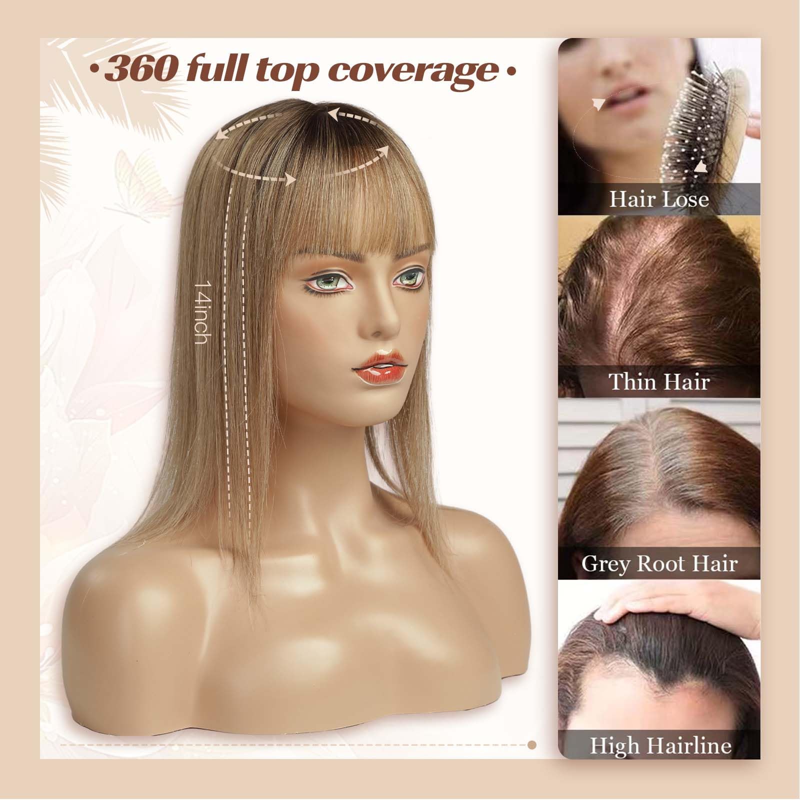 100% vrais cheveux humains Toppers avec frange Base en soie 3 pièces de clips Ombre brun droit humains Topper cheveux pour femmes Extension de cheveux