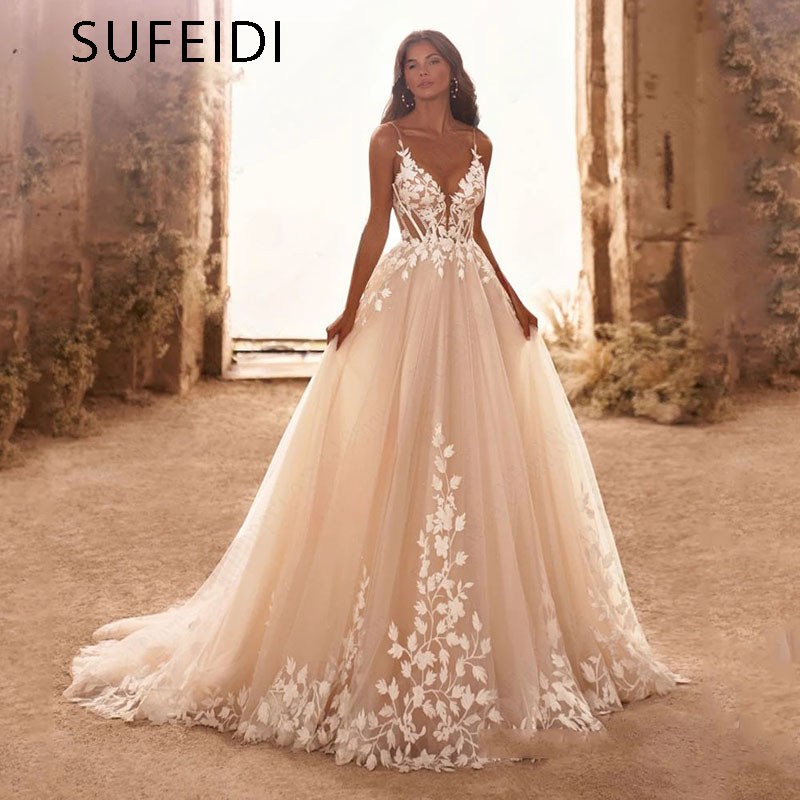 Vestidos De Novia elegantes con cuello en V, tirantes finos, corsé con apliques, vestido De Novia De tul bohemio, largo hasta el suelo De encaje, Vestidos De Novia