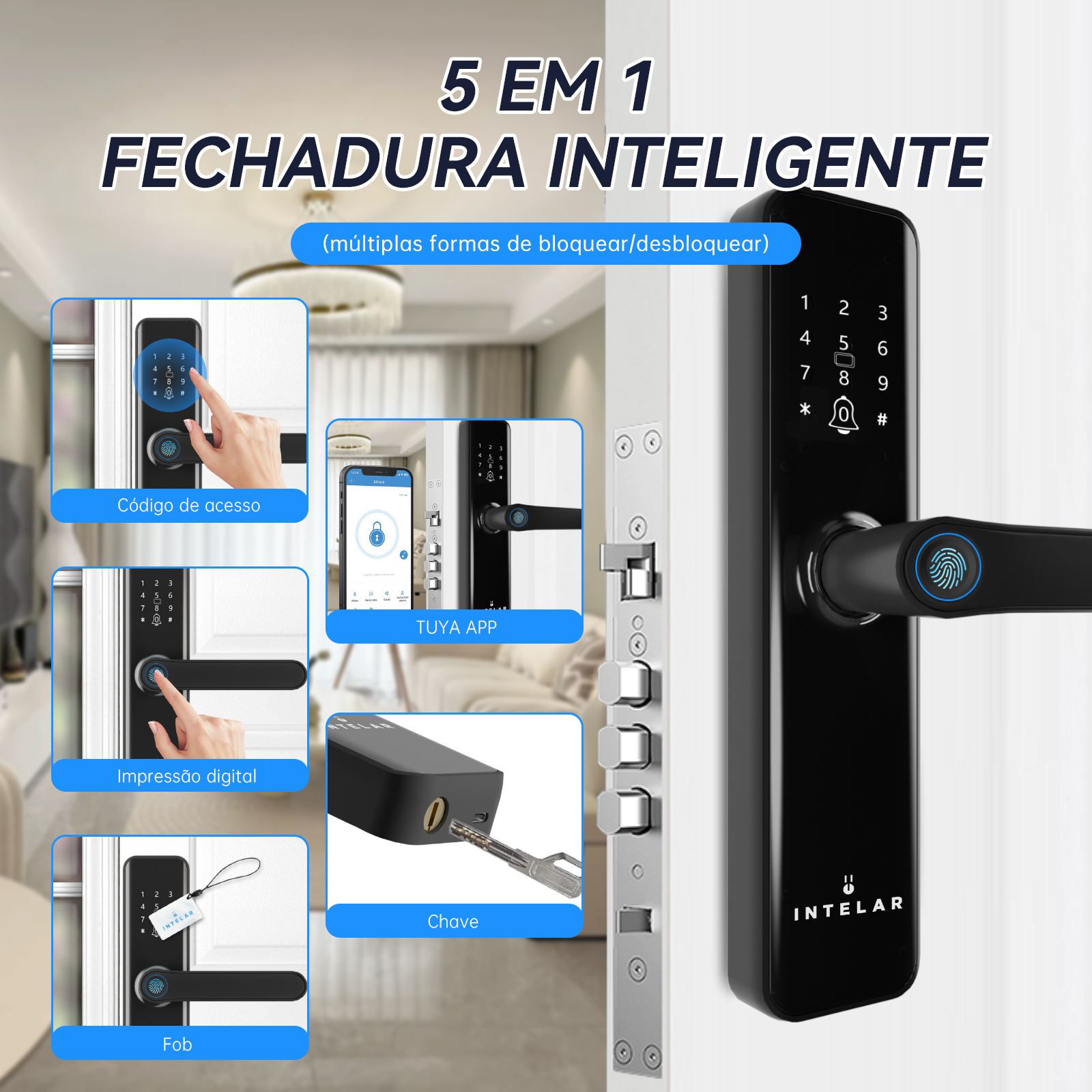 Fechadura eletrônica digital INTELAR Tuya Wifi Smart Door Lock com cartão inteligente/senha/chave/carregamento de emergência USB para casa inteligente