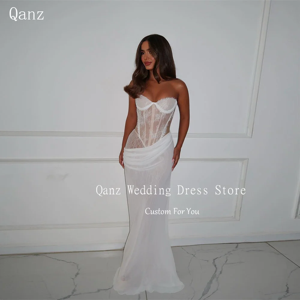 Qanz Abiti da sposa moderni Sweetheart Chiffon Sirena Abiti da sposa Applicazioni in pizzo Corsetto Vestido De Novia Boda Personalizzato